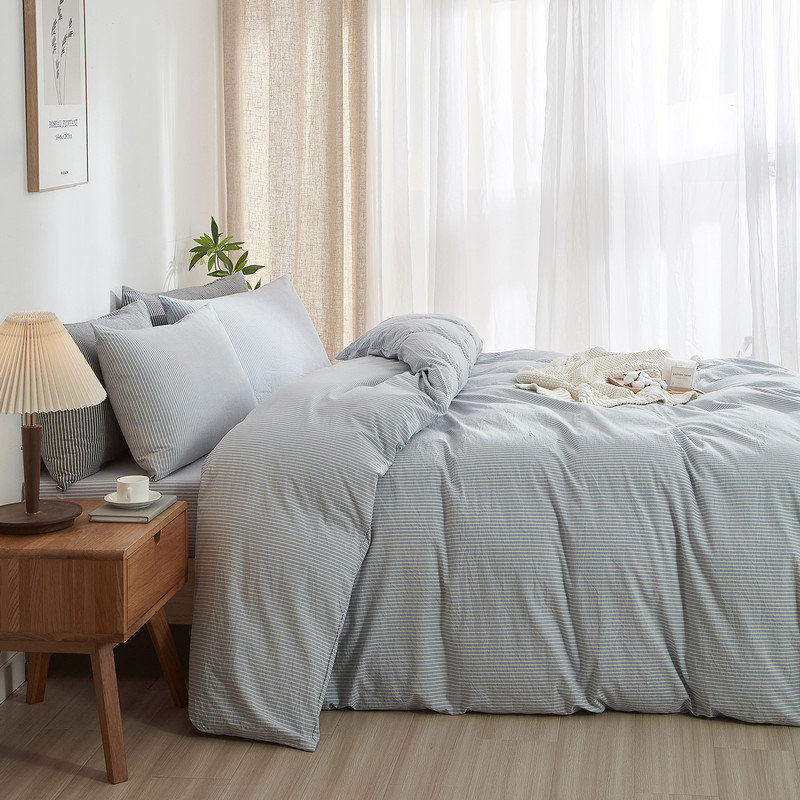 LIFETOWN Striped Duvet Cover Set,3 Pcs Breathable Durable 100% Washed Cotton Comforter Cover for All Seasons, Chic Linen Like Textured Bedding Set.