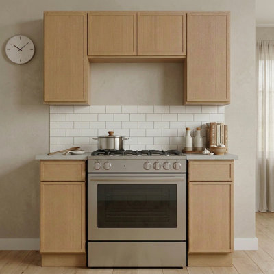 Modern Ash Wood Kitchen Cabinet Set With Two 12" Base Cabinets, Two 12" Wall Cabinets & One 30" Wall Cabinet, Designed For 30" Oven, Microwave Or Sink Layout, White Oak Veneer