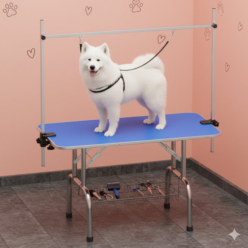 Grande plateforme de toilettage professionnelle pour chiens et chats de 46 pouces, avec bras de support et pinces réglables, fabrication robuste robuste, finition bleue