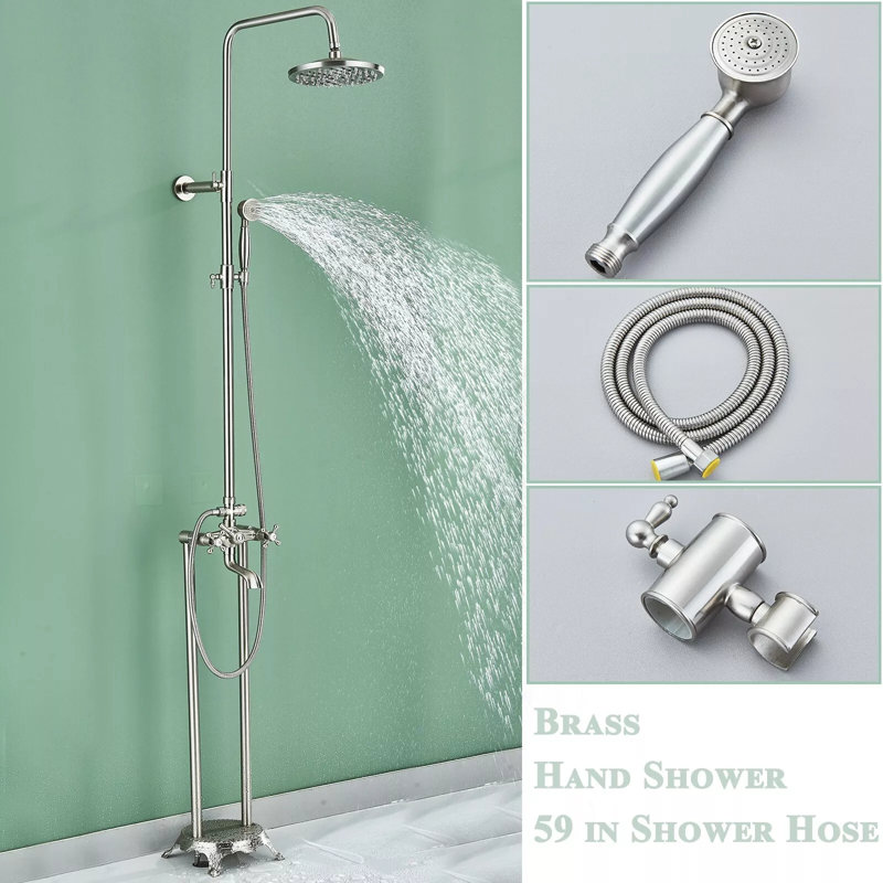 2 Handle Floor Waterfall Faucet with Diverter, Brushed Nickel
