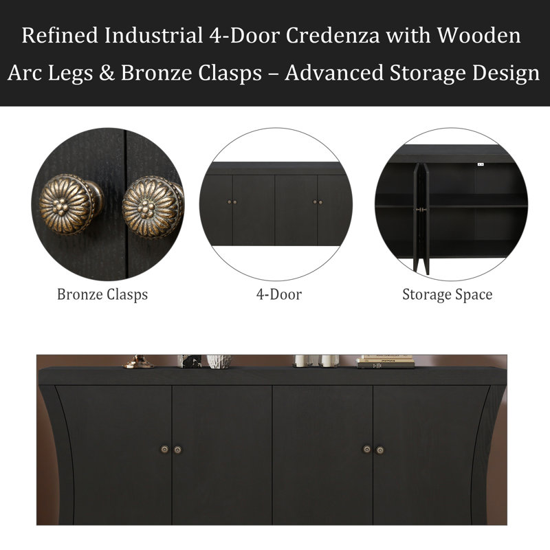 Refined Industrial 4-Door Credenza With Wooden Arc Legs & Bronze Clasps – Advanced Storage Design, Solid Craftsmanship, Black