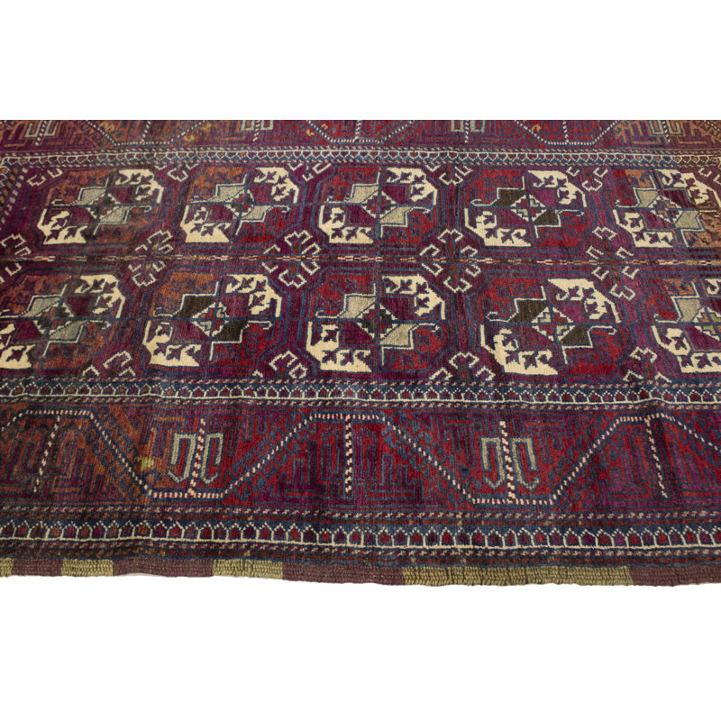Tapis unique en laine noué à la main de style années 1970 de 7 pi 9 po x 4 pi 4 po Cammy en bleu / rouge / jaune