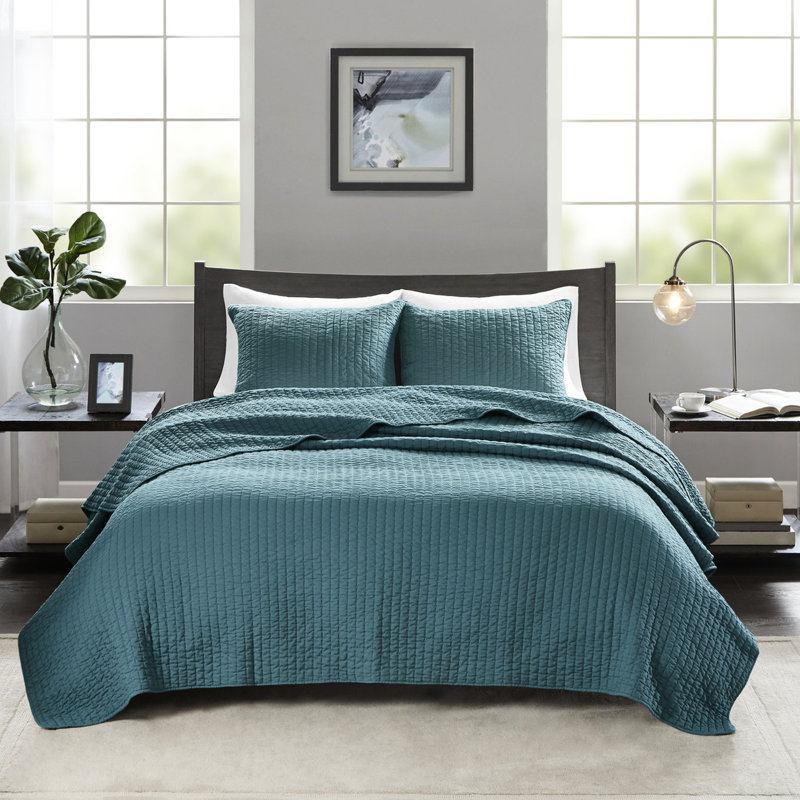 3 pièces de courtepointe bleu sarcelle pour lit double / grand lit - microfibre, rembourrage en coton, conception réversible, coutures décoratives, ajoute de la romance à la chambre à coucher, est livré avec et 2 taies décoratives rembourrées