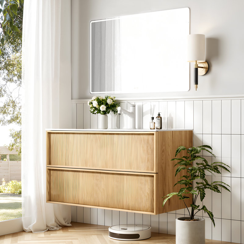 Aditya 40" Floating Wall-mounted Bathroom Vanity, Solid Wood Cabinet With 2 Drawers And White Resin Sink, 40"