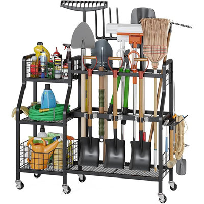 Garden Tool Organizer with 6 Wheels(3 lockable), Heavy Duty Yard Tool organizer with 2 Basket, Large Metal Garage Tool Organization and Storage for Garage/Shed/Yard/Broom Closet/Lawn