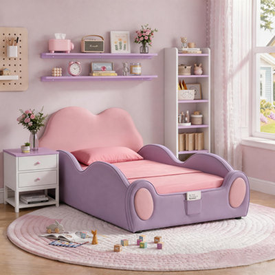 81" Twin Cloud Toddler Bed with Safety Guardrails, PU Leather Upholstered Kids Platform Bed with Storage Pocket, No Box Spring Needed