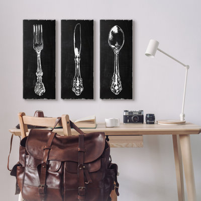 Stupell Industries Vintage Silverware Cutlery Kitchen Utensils Fork Spoon By Carol Robinson - 3 Piece On In Black