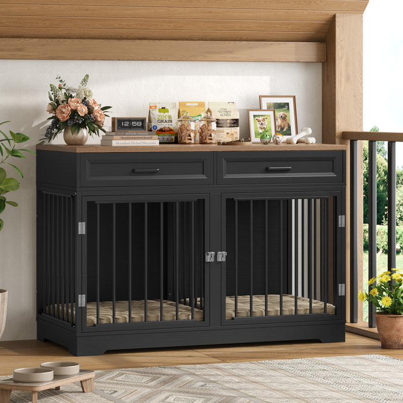 Grande caisse pour chien style Chesterle avec 2 tiroirs et cloison, Black/Walnut