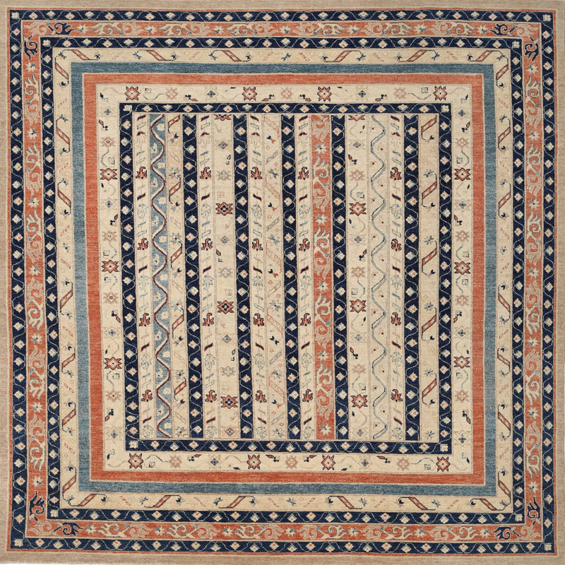 Tapis orange/brun clair/bleu traditionnel, Carré 6 pi