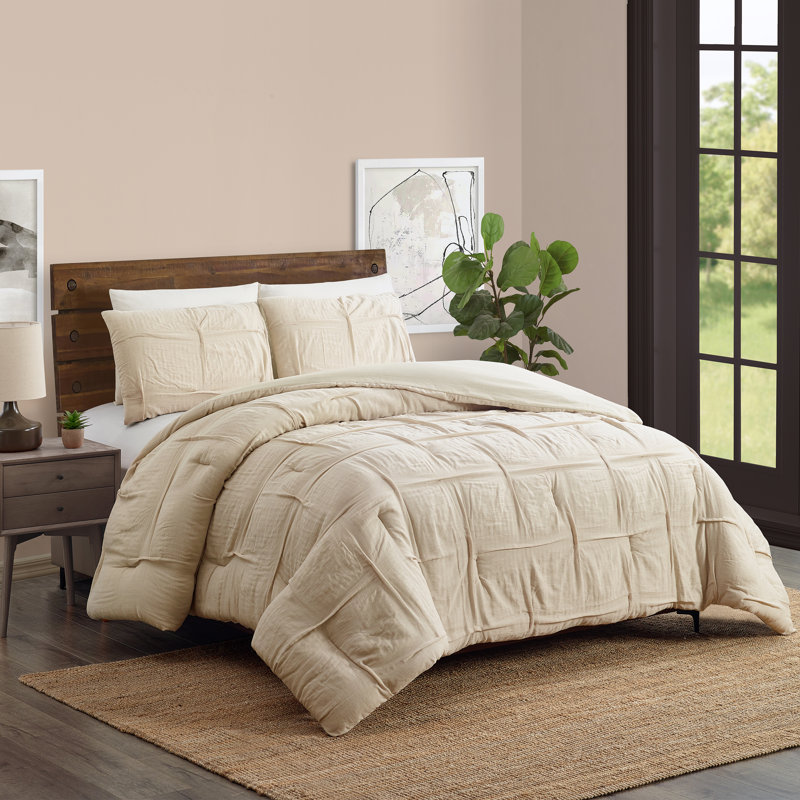 King Cream Cotton Linen Reversible 3-Piece Comforter Set