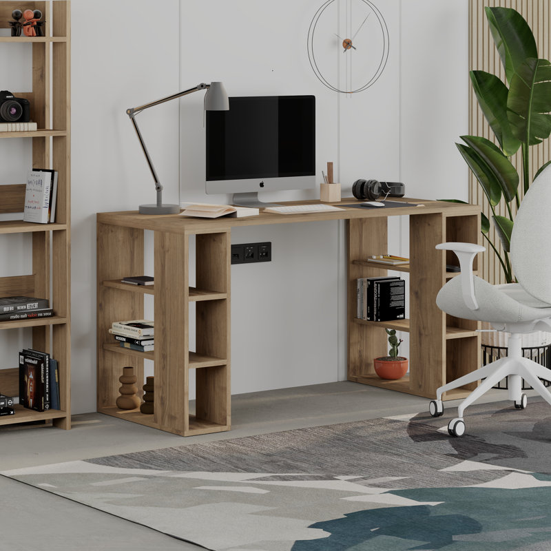 Simone Modern Desk with Built-in Bookcase – Stylish Workspace Desk with 6 Open Shelves, Dark Oak, Dark Oak