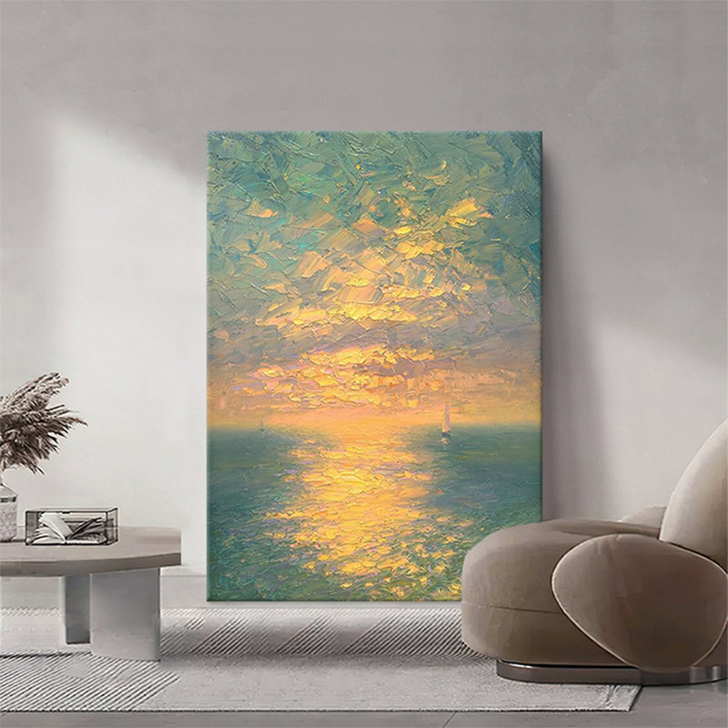 Une pure peinture à l'huile peinte à la main de coucher de soleil et de rémanence sur toile de coton et de lin