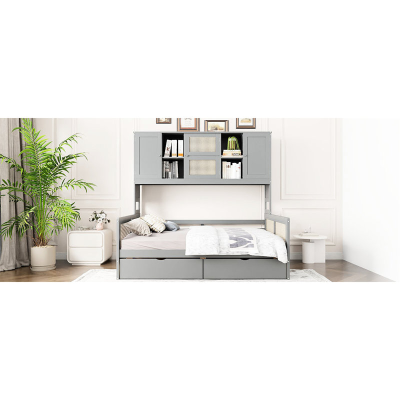 Lit de jour en bois gris avec 2 tiroirs pratiques et 1 armoire de rangement