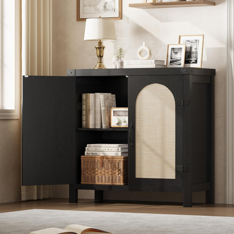 Buffet 31,5 "en rotin avec rangement, armoire de cuisine avec 2 portes et tablettes réglables, Noir