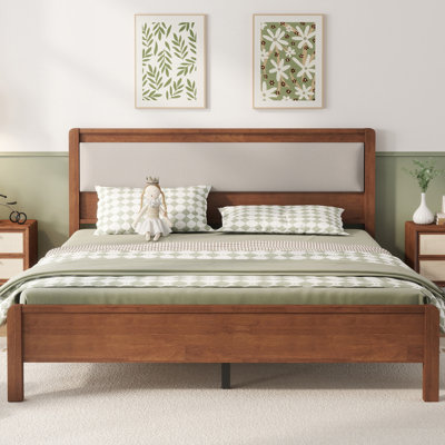 Queen Size Bed Frame with Upholstered Headboard, Farmhouse Platform Bed Frame with Wood Slats Support, No Box Spring Needed, Easy Assembly, Brown