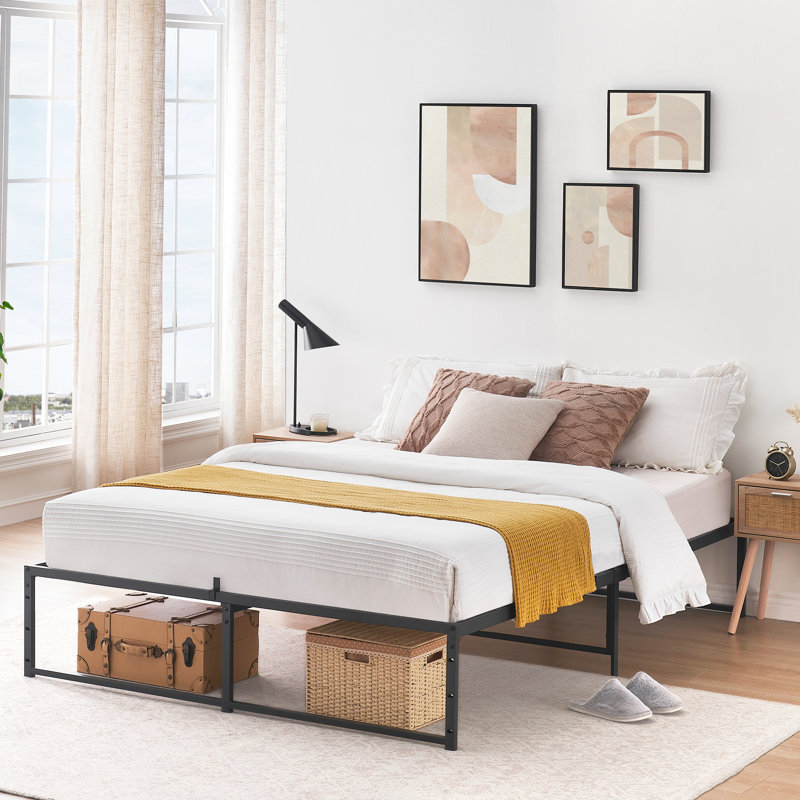 Structure de lit plateforme en métal avec rangement sous le lit, support de lattes en acier robuste, aucun sommier requis, assemblage facile, cadre de lit noir pour la chambre à coucher