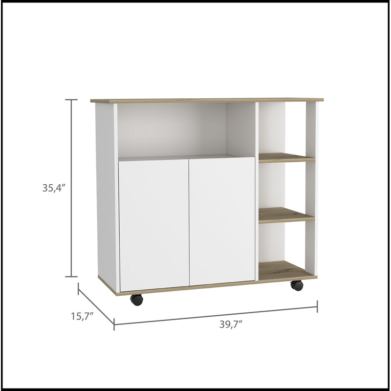 Benton 4-Shelf Kitchen Island with Locking Casters, Light Oak and White Finish for Modern Storage Solutions