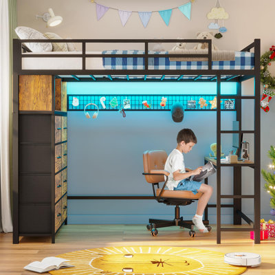 Loft Bed With Desk And 8 Storage Drawers, Metal Loft Bed With Led Lights & Charging Sation, Storage Shelves, 13.1" H Safety Guard & Ladder, No Box Spring Needed,