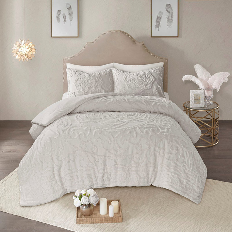 Ensemble d'édredon 3 pièces médaillon en chenille de coton gris, Très grand édredon