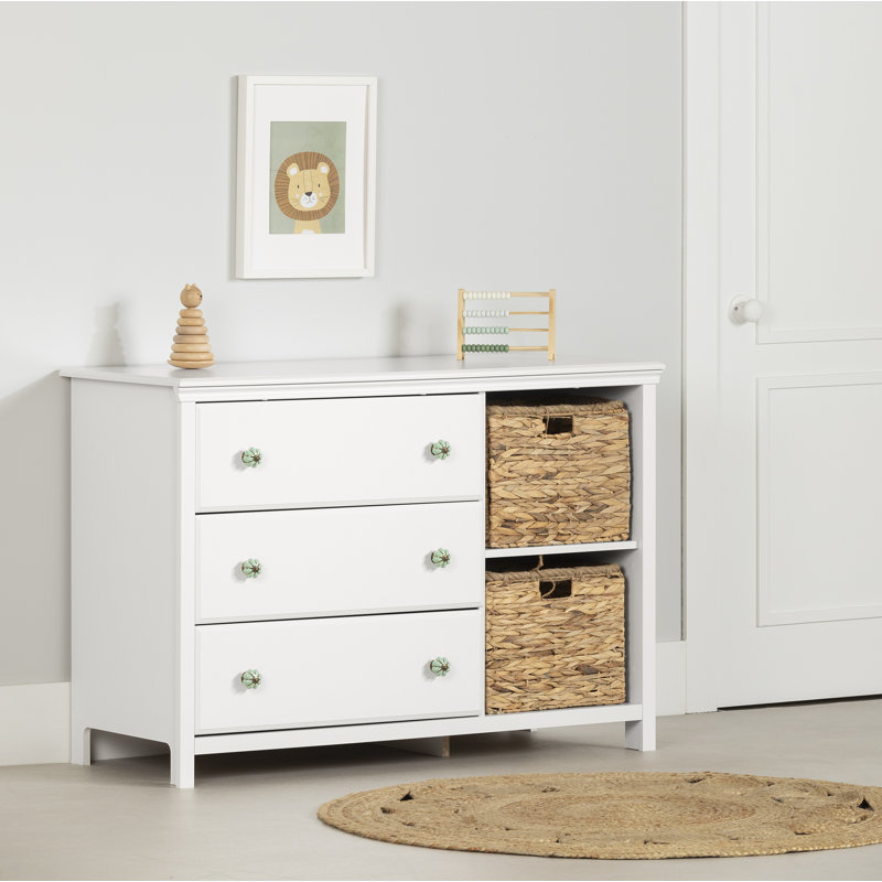 Bohemian Pure White 3-Drawer Dresser with Wicker Baskets