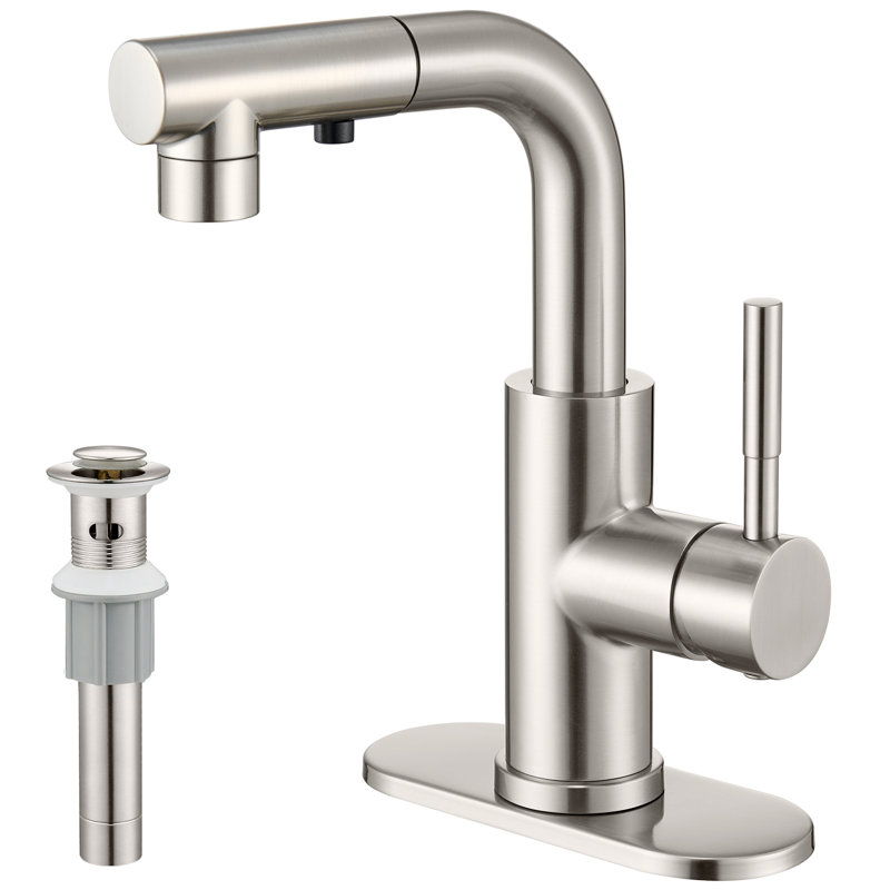 Single Handle Pull Down 3 Modes Sprayer Bathroom Sink Faucet With Deckplate Included And Pop-Up Drain, Brushed Nickel
