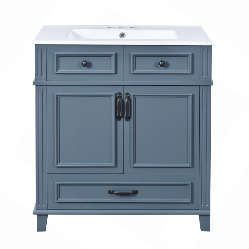 Bathroom Vanity With Resin Sink, Solid Wood Frame Bathroom Storage Cabinet With Soft Closing Doors, Retro Style, Blue / Black