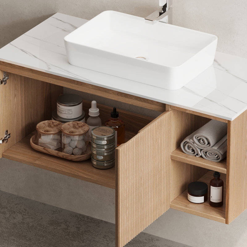 Meuble-lavabo mural simple 36 po avec comptoir en pierre frittée blanc et bois clair 36 po, Blanc, Bois clair, 35.84"