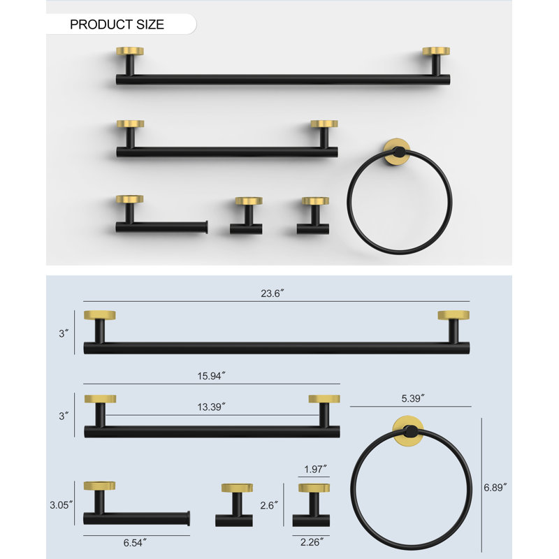 Bathroom Hardware Set 6-Piece Bath Hardware Set With Towel Bar, Towel Ring, Robe Hook, Toilet Paper Holder, Gold/Black