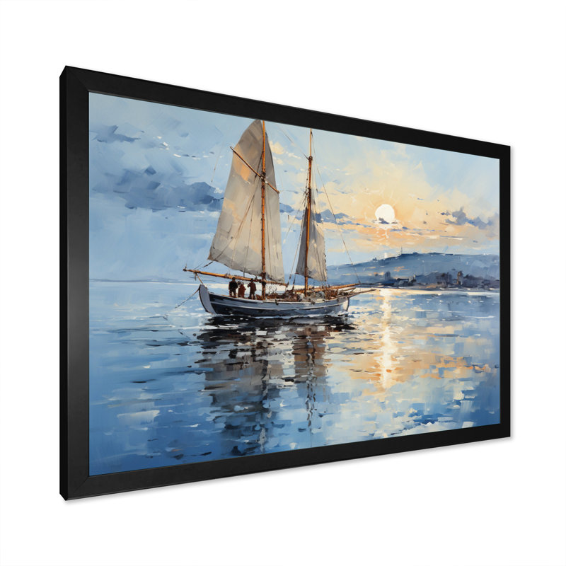 Bateau, voile, reflets I - art encadré de bateau côtier, Cadre simple noir, H 30 po x l 40 po x P 1,5 po