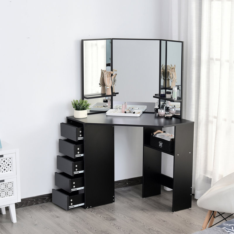 Coiffeuse de coin, bureau de maquillage avec miroir en 3 parties et 5 tiroirs, Noir, noir, noir, noir