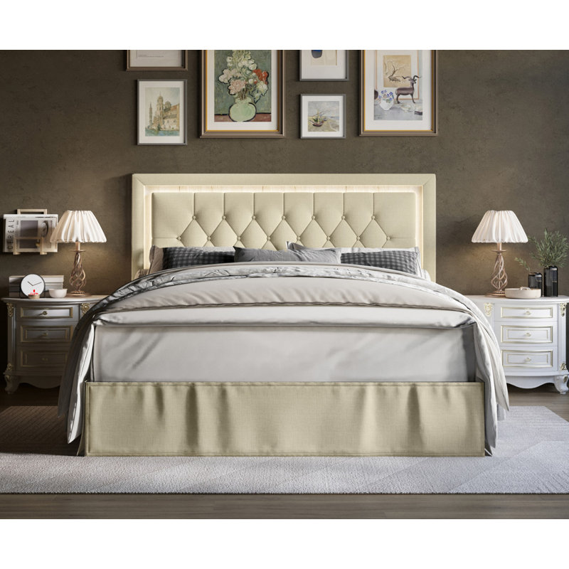 Très grand lit plateforme tapissier Epworth, Beige, Double