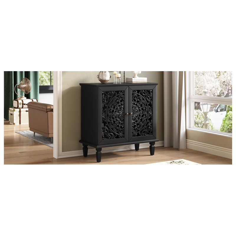 Commode d'appoint vintage à découpes creuses, buffet noir à 2 portes avec motif floral et tablette réglable pour le rangement du vestibule du salon