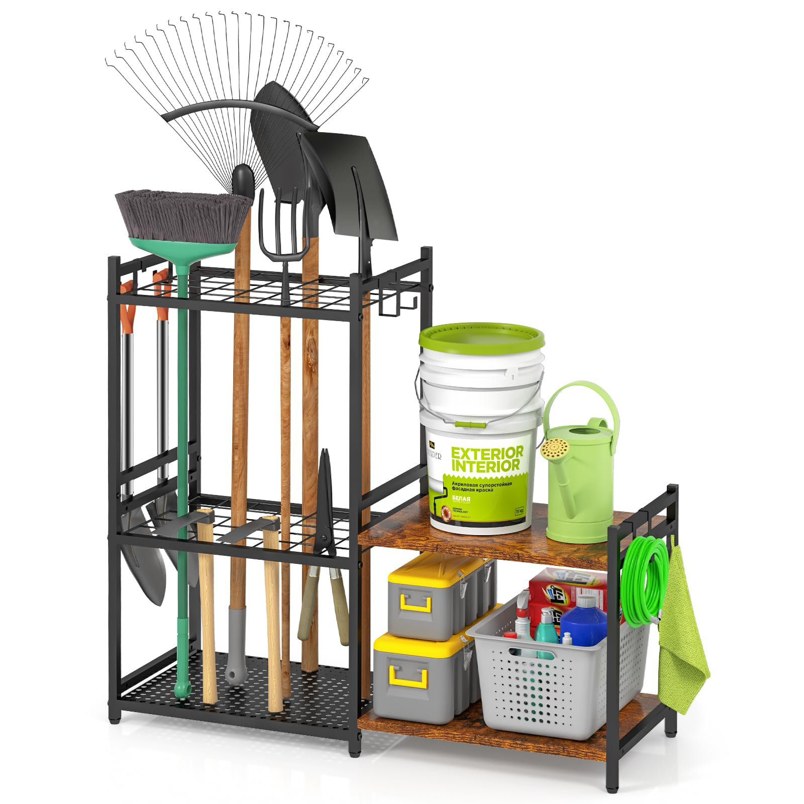 KOVOME Garage Tool Organizer With 2Tier Wooden Shelves, Yard Tool