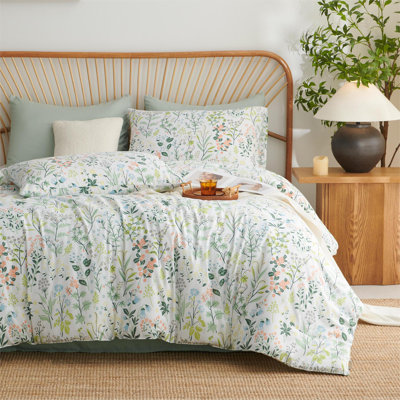 Boho Floral Green Botanical Comforter Set With Colourful Flower Print Pattern Soft Comfortable And Lightweight Microfiber Bedding Set