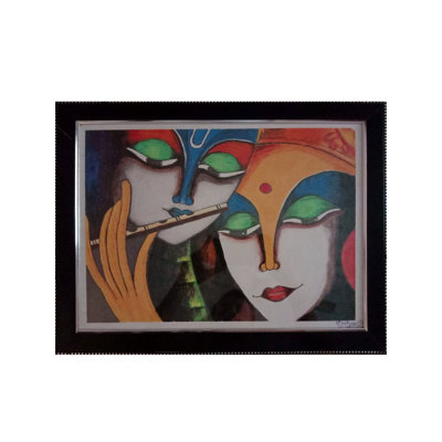 Krishna jouant de la flûte avec Radha | Pastel à l'huile sur papier | Par Kush Gupta