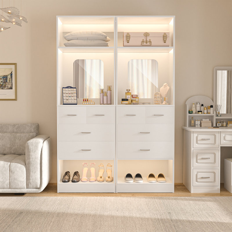 Système de garde-robe autoportante Akaylia avec miroir et tiroirs, Blanc