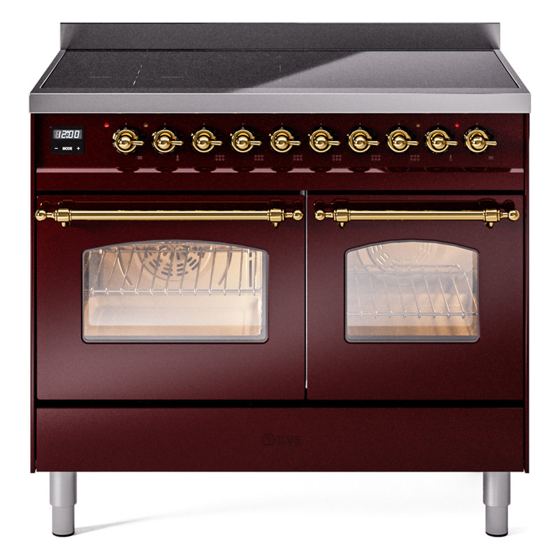 Cuisinière à induction 40 pouces avec 6 éléments à induction ILVE Nostalgie II Series (porte en verre), Bourgogne / laiton
