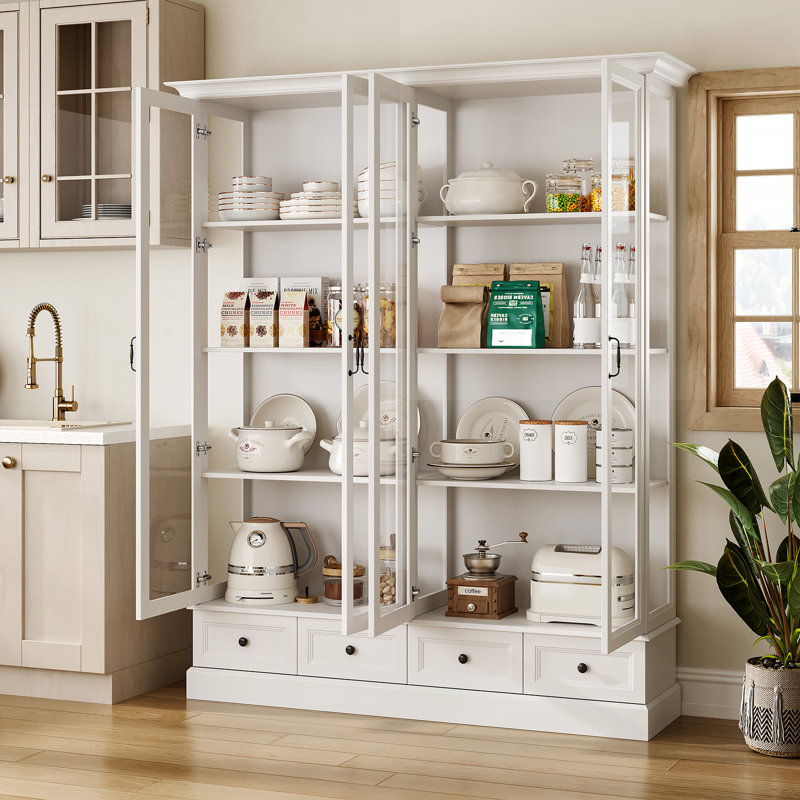 78'' Tall Display Cabinet With 4 Drawers And Adjustable Shelves, White