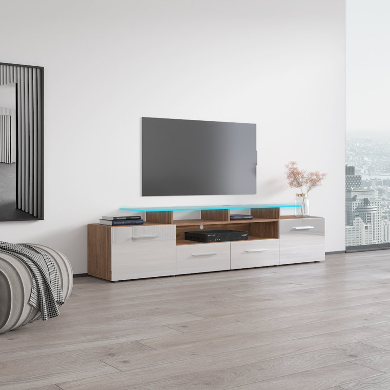 Casares 76.3" Modern TV Stand with LED Lighting, High Gloss Finish, Media Storage, Walnut/White