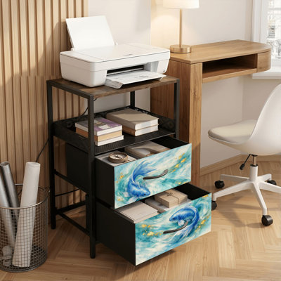 Table de chevet 2 tiroirs avec station de charge, table de chevet de chambre à coucher avec ports USB et prises de courant, tablette de chevet noire, table de chevet avec imprimé de poissons bleus, vagues turquoise, or