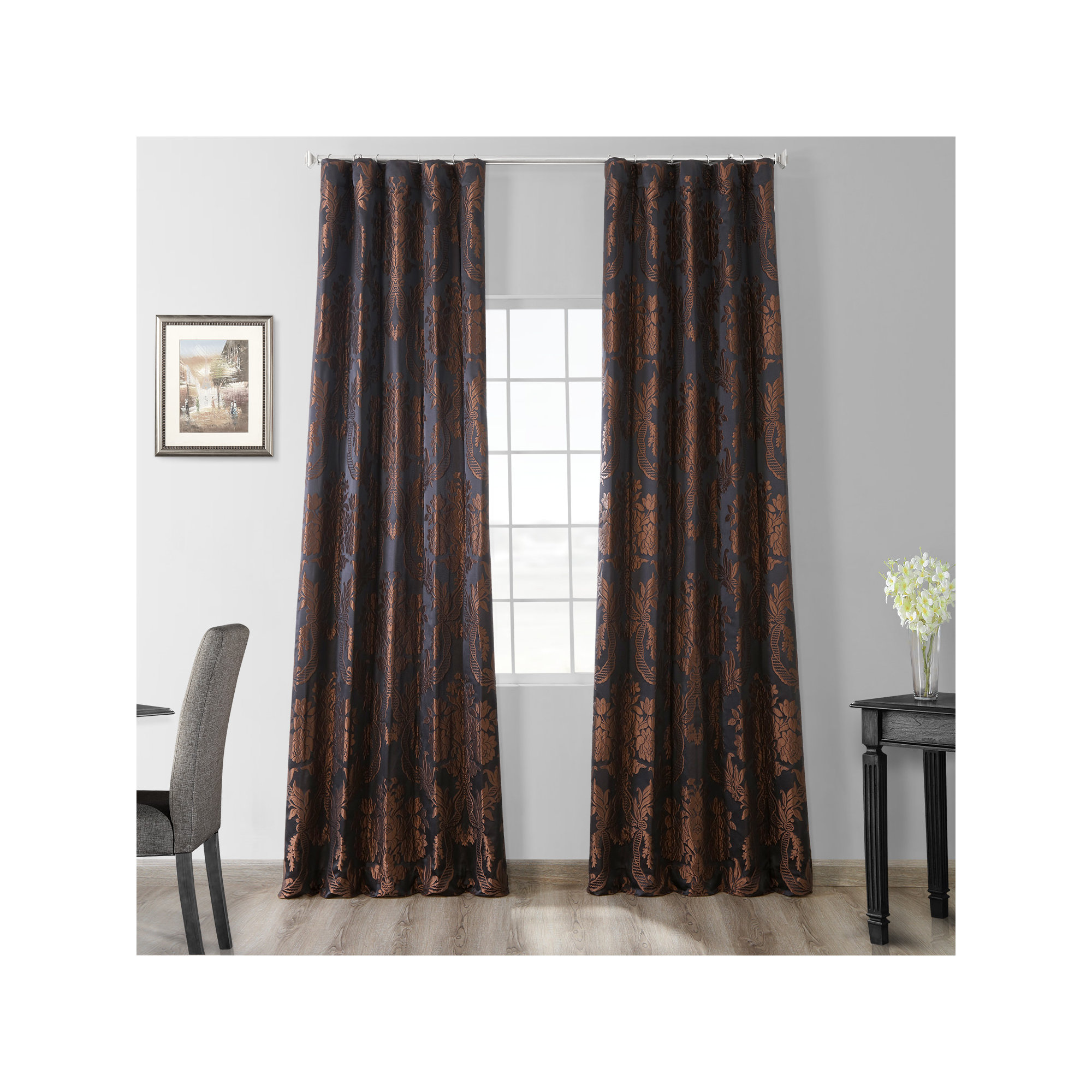 Ballsallagh Baroque Floral Faux Silk Jacquard Room Darkening Window Curtain -Single Panel, Black/Cognac, 50" W x 108" L