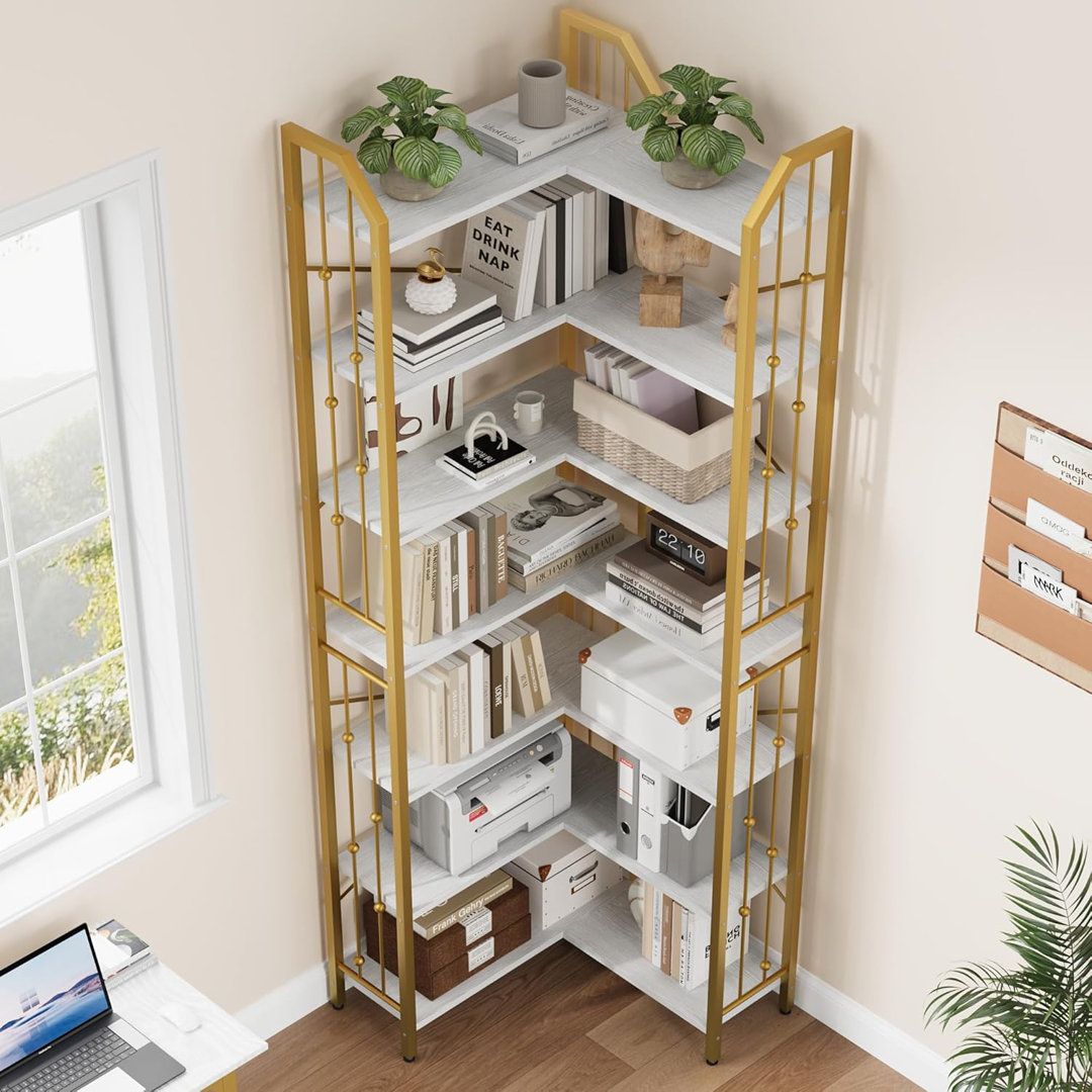 5/7-Tier l-Shaped Corner Bookshelf, Industrial Style Tall Display Storage Rack with Beaded Accents, Durable Metal and Wood Construction, Perfect for L