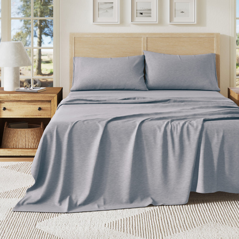 Ultra-Soft Cotton Heathered Melange Jersey Knit Sheet Set, Sky Blue, Twin / Twin XL with 1 Pillowcase