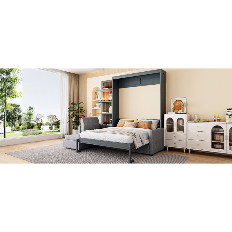 Grand lit mural avec tablettes, gris et facile à utiliser