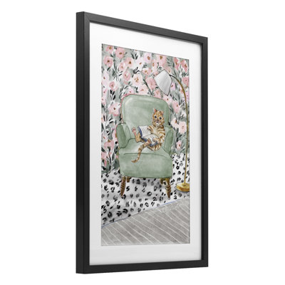 Cozy Cat Reading Framed Print Under Glass, design by Lanie Loreth