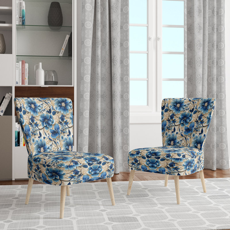Blue and White Flowers Retreat - Chaise d'appoint rembourrée de style campagnard, fauteuil d'appoint bleu