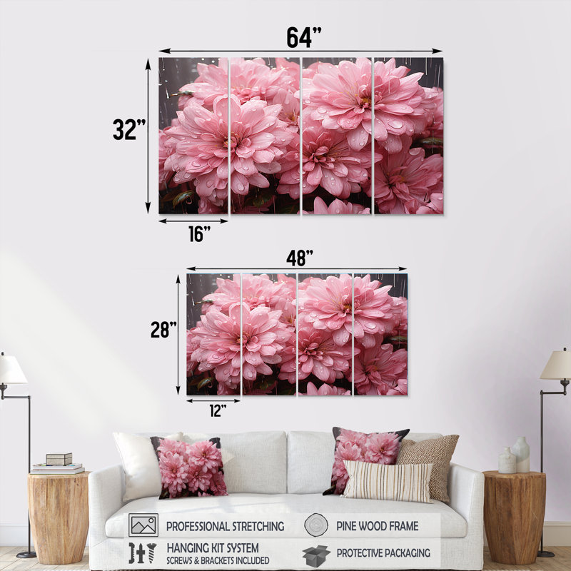 «Pink Chrysanthemums Gardens Collage III - Chrysanthemums», art mural 4 pièces pour le salon, H 28 po x l 48 po