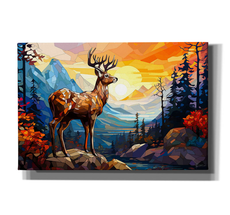 «Deer In The Forest On A Rock» par Momart, art mural sur toile, 40 po x 26 po, H 12 po x l 18 po x P 0,75 po
