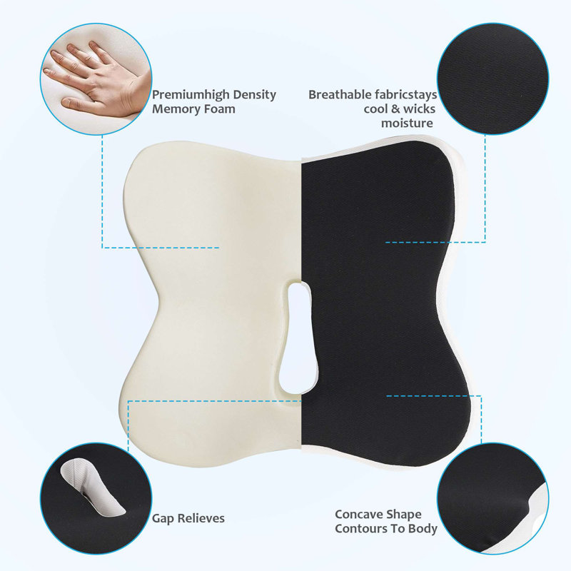 Memory Foam Seat Cushion for Office Chair, Pressure Relief Sciatica & Pain Relief for Long Sitting, Black/White