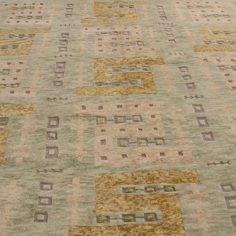 Rug & Kilim’S Scandinavian Style Rug In Green, Beige And Gold Geometric Pattern, Rectangle 5' x 7'
